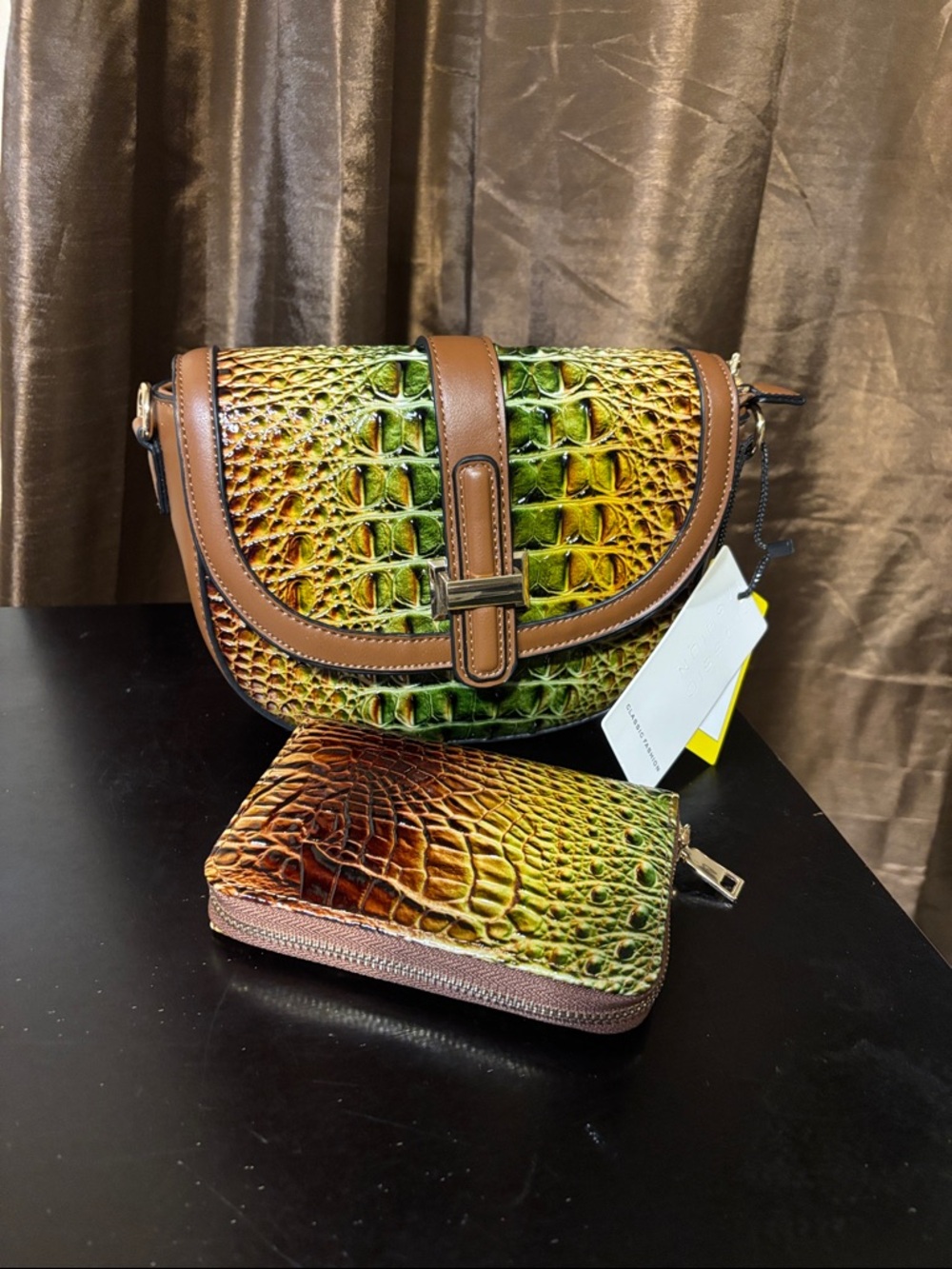 Brown & Green Croc-Embossed Saddle Bag with Matching Wallet